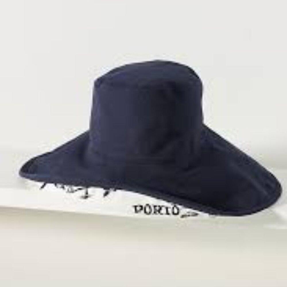 Anthropologie-Reversible Canvas Bucket Hat in Navy&White